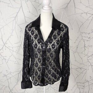 Tres You Black Sheer Lace Button Up V-Neck Blouse